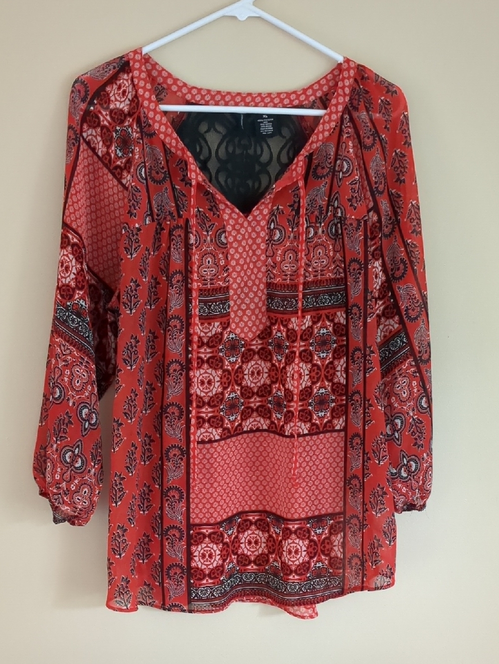 XL New Directions Lace And Pattern Print Top Semisheer Shirt